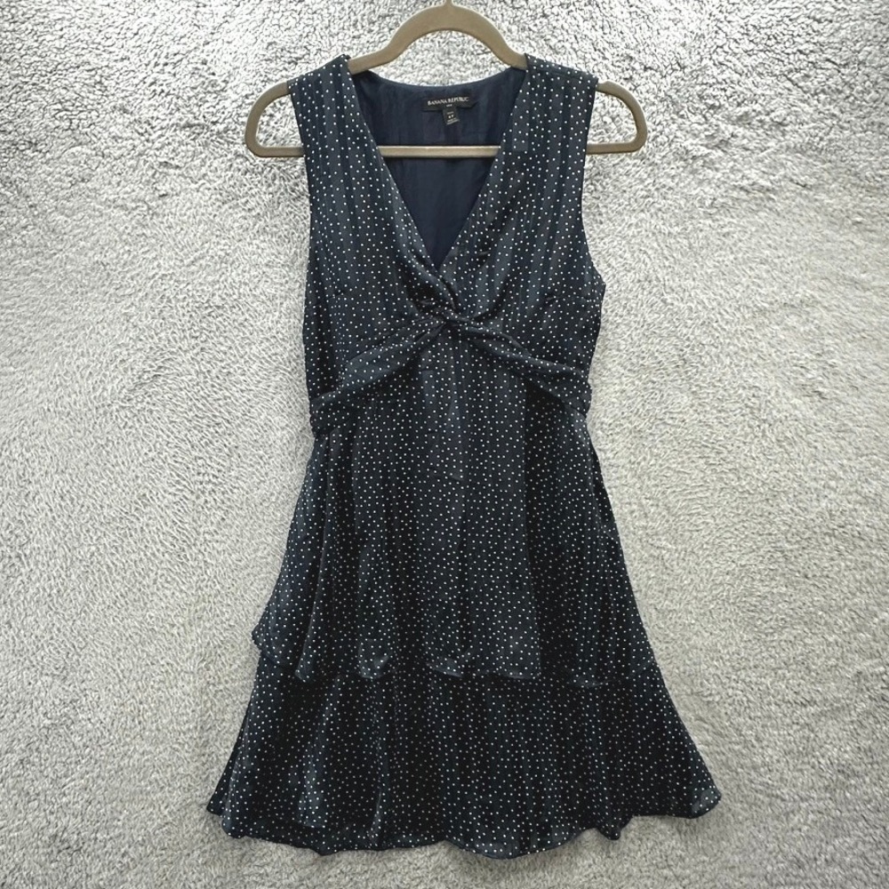 Banana Republic Women's 6P Navy Polka Dot Twist Front Tiered Mini Dress Petite